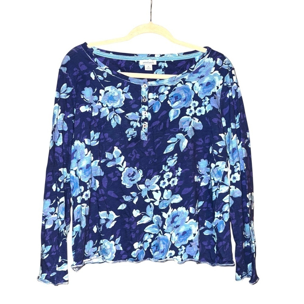 SUNDANCE Rosey Delights Henley Metallic Buttons Floral Top Blue Size Medium - Picture 3 of 15
